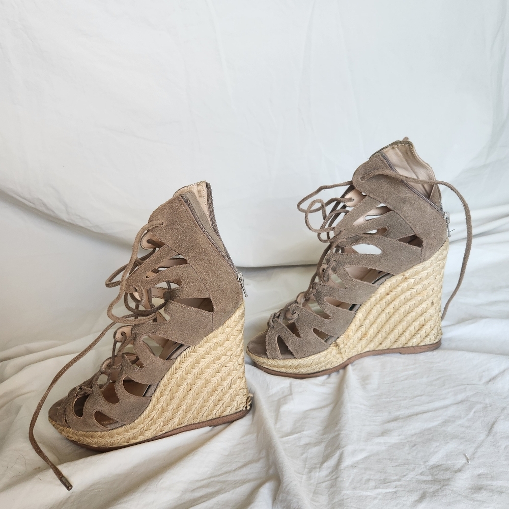 Women's Steve Madden "Theea" Taupe Suede Wedge Sandals - Picture 9 of 16